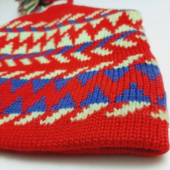 Retro 80's CAPPELLO 100% Wool Intarsia Geo Pattern Knit Beanie Hat w/ Pom-Pom OS - Picture 7 of 14